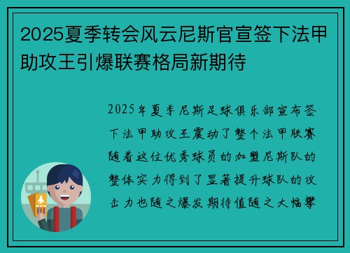 2025夏季转会风云尼斯官宣签下法甲助攻王引爆联赛格局新期待 2025夏季转会风云尼斯官宣签下法甲助攻王引爆联赛格局新期待