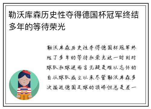 勒沃库森历史性夺得德国杯冠军终结多年的等待荣光