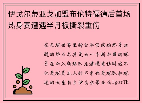 伊戈尔蒂亚戈加盟布伦特福德后首场热身赛遭遇半月板撕裂重伤 伊戈尔蒂亚戈加盟布伦特福德后首场热身赛遭遇半月板撕裂重伤